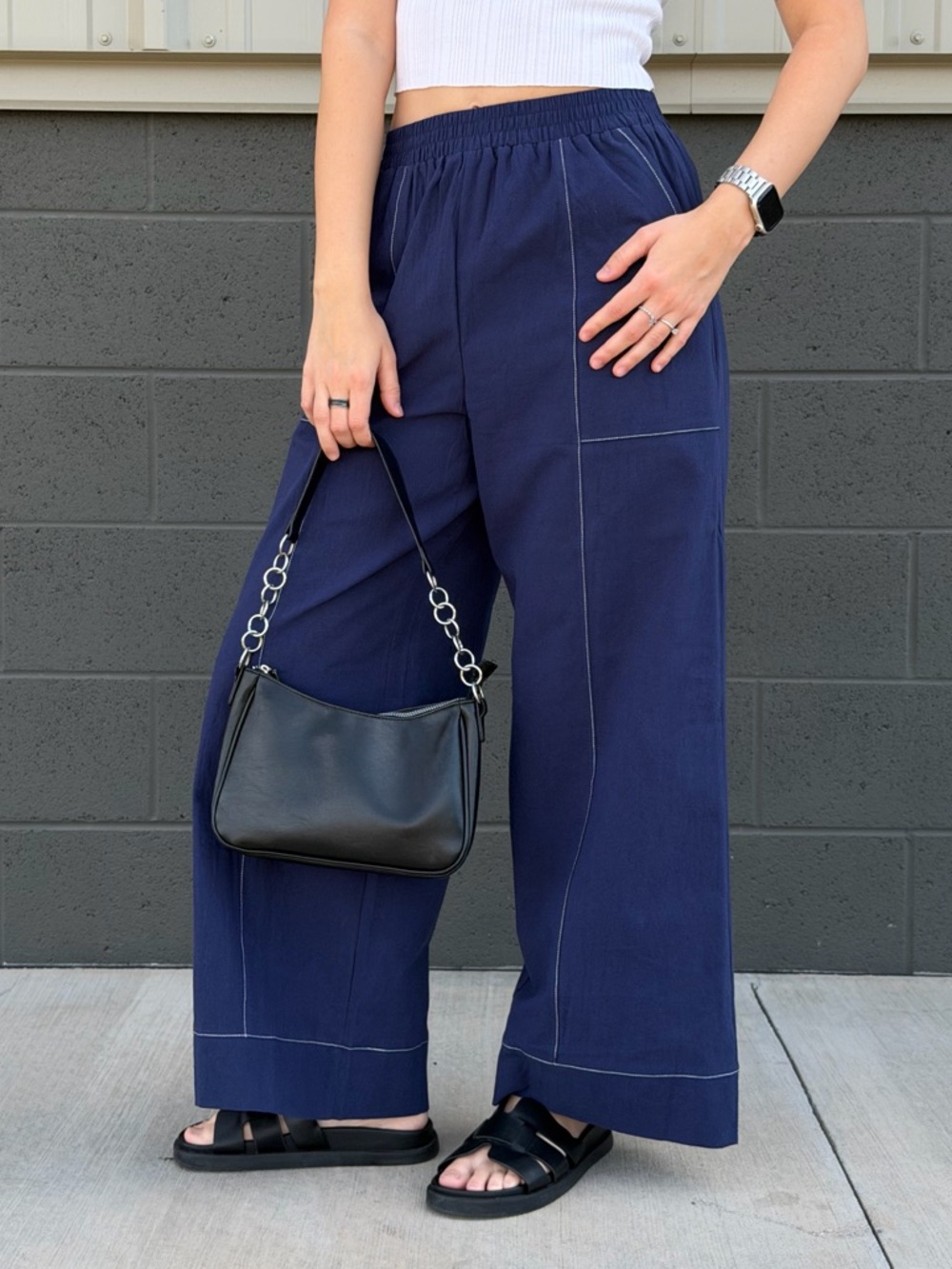 Wide Leg Navy Pants with Contrast Stitching - Women